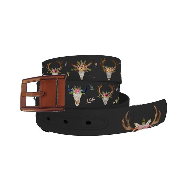 C4 Belt Cow Skulls Black Belt with Khaki Buckle Co