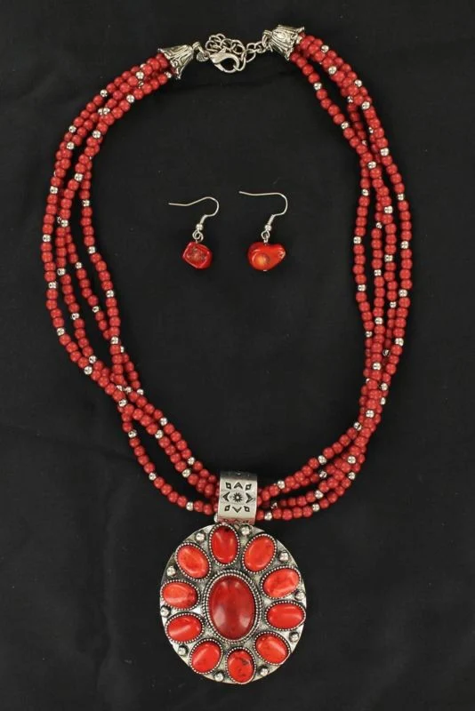 Concho Multi-Strand Necklace/Earrings SetCoral