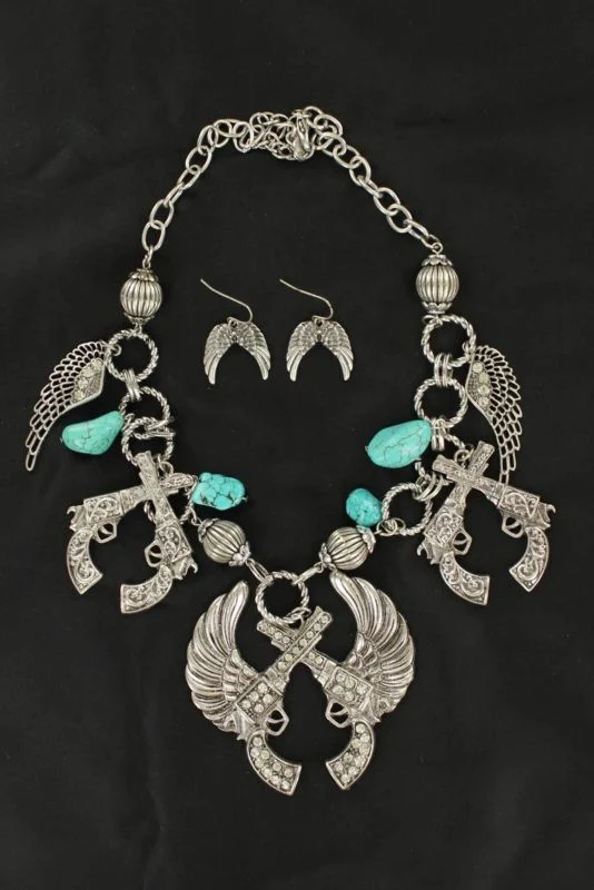 Winged Pistols Necklace and Earrings Set Silver